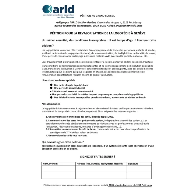 🗣️ Logopédistes en lutte pour la reconnaissance !
✍️ Signez, c’est agir ! Pour une vraie reconnaissance de notre métier, de notre expertise et de nos actes.
👉 Tout le monde peut signer : peu importe l’âge, la nationalité ou l’endroit où vous vivez. Une signature manuscrite suffit ! 
Vous trouverez le lien de la pétition dans notre profil.